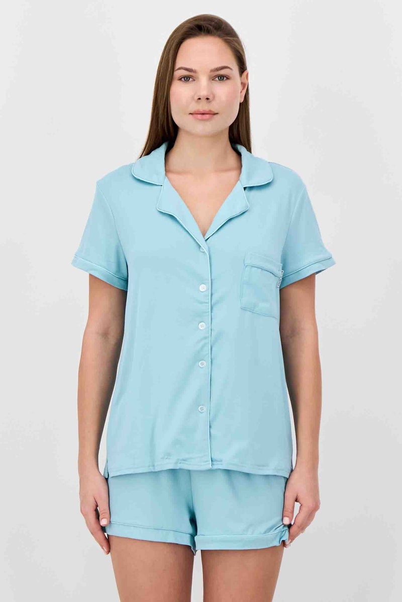 NINE WEST Women 2Pcs Solid Pajama Top And Short Set, Pastel Turquoise - Image 1